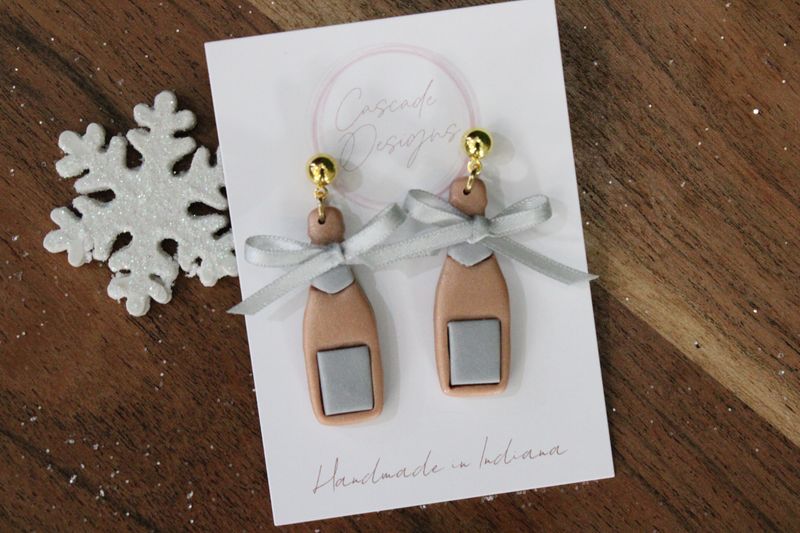 The Bubble Champagne Bottle Clay Earrings (rose gold/silver +silver bow)