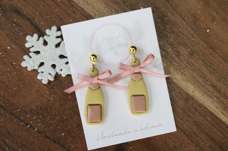 The Bubble Champagne Bottle Clay Earrings (gold/rose gold+rose gold bow)