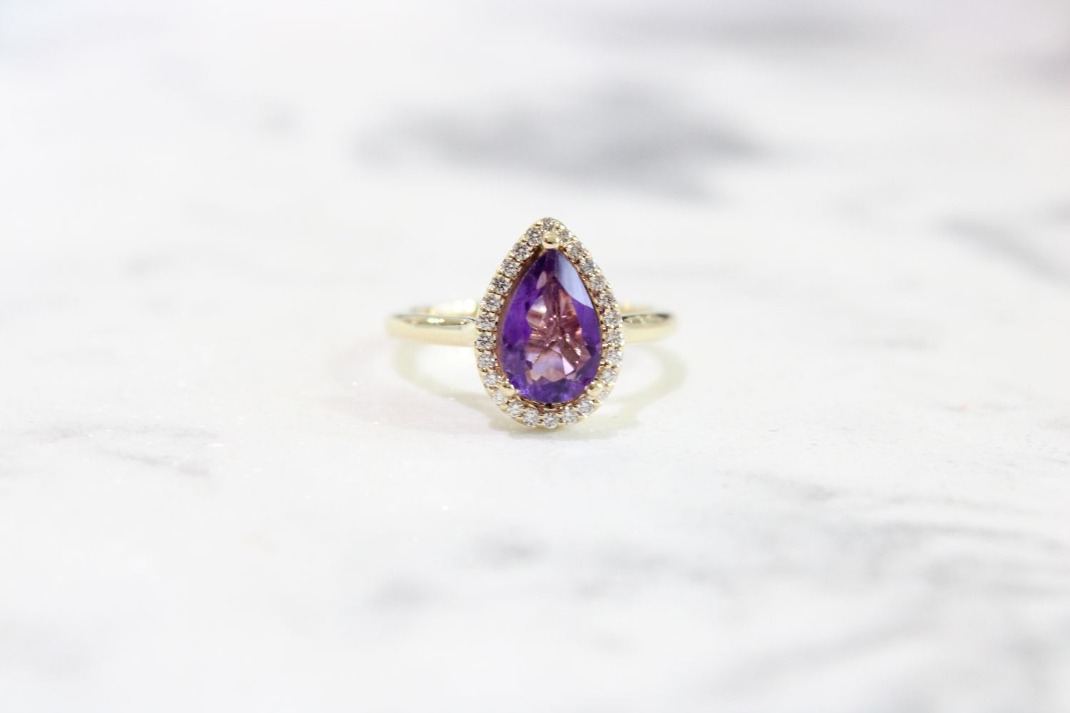 14ky Amethyst Pear and Diamond Halo Polished Shank Ring, 26 at .10ct Total 