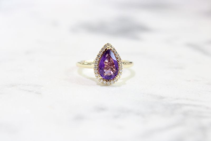 14ky Amethyst Pear and Diamond Halo Polished Shank Ring, 26 at .10ct Total 