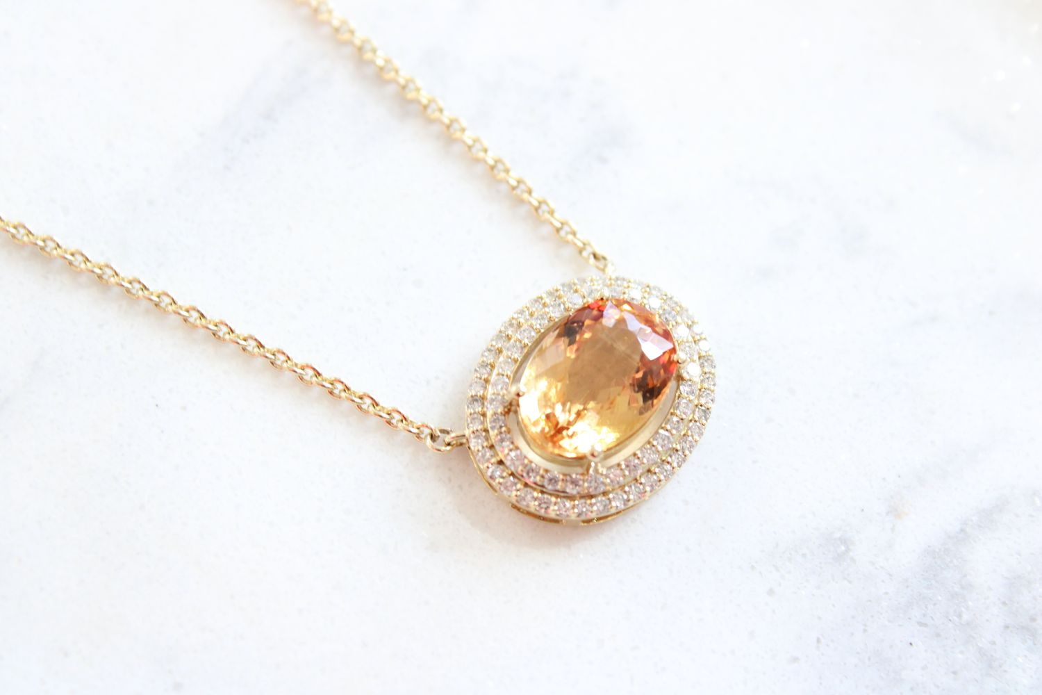 14kt Yellow Gold .25ct Diamond 4ct Citrine Double Halo East to West Necklace