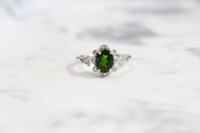 18kt White Gold Tsavorite Garnet Oval Diamond Floral Fancy Halo Ring,  10 at .11ct Total