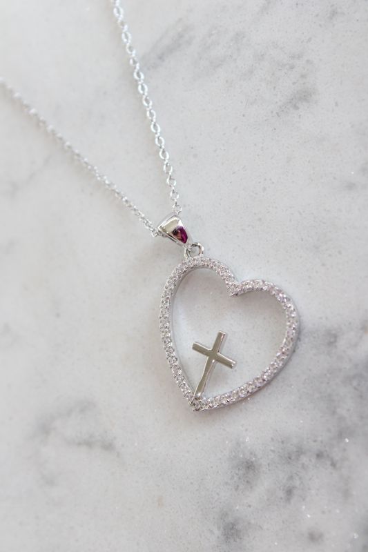 Sterling Silver Rhodium-Plated Cubic Zirconia Open Heart w/cross Necklace