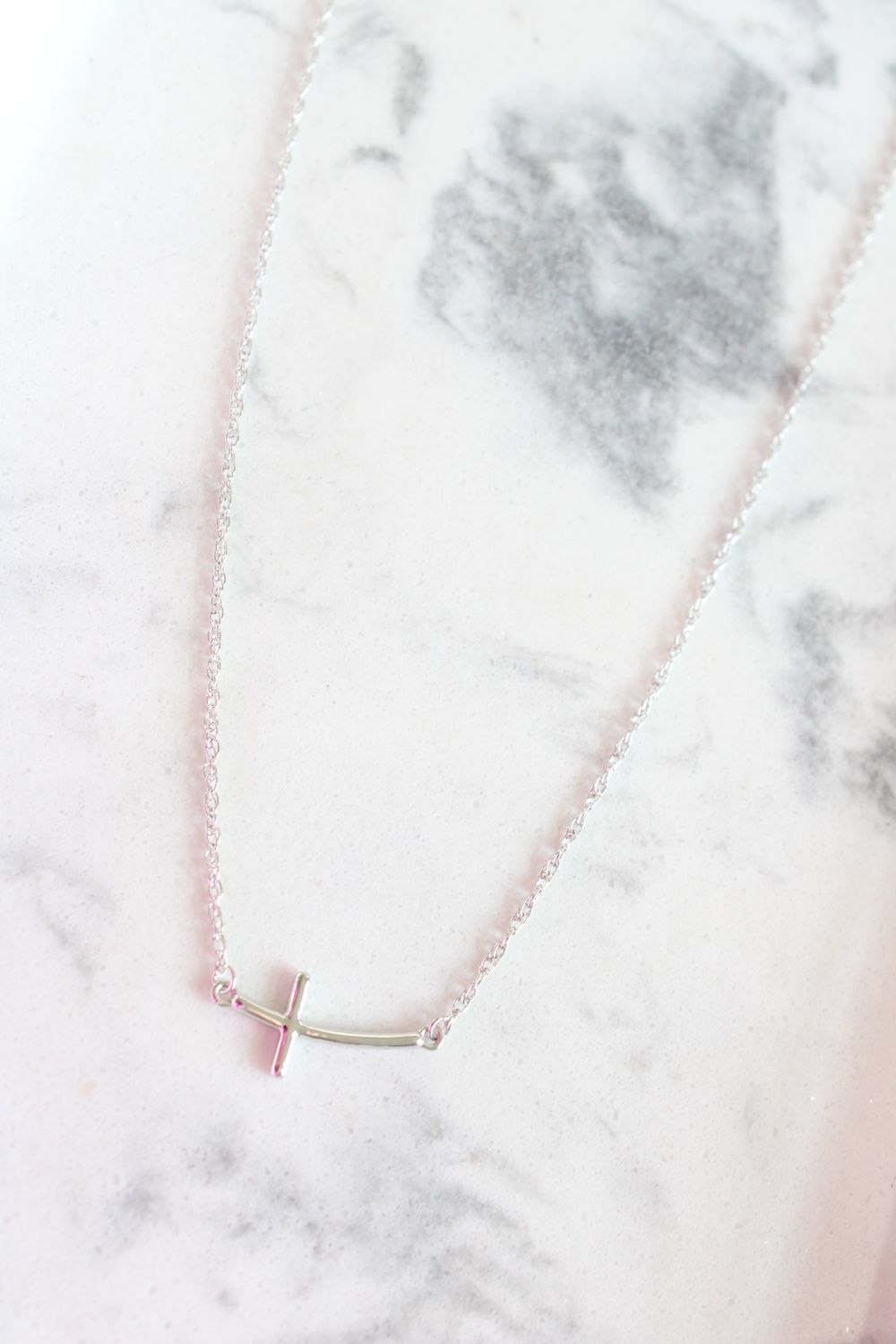 Sterling Silver Rhodium-Plated Sideways Curved Cross Necklace