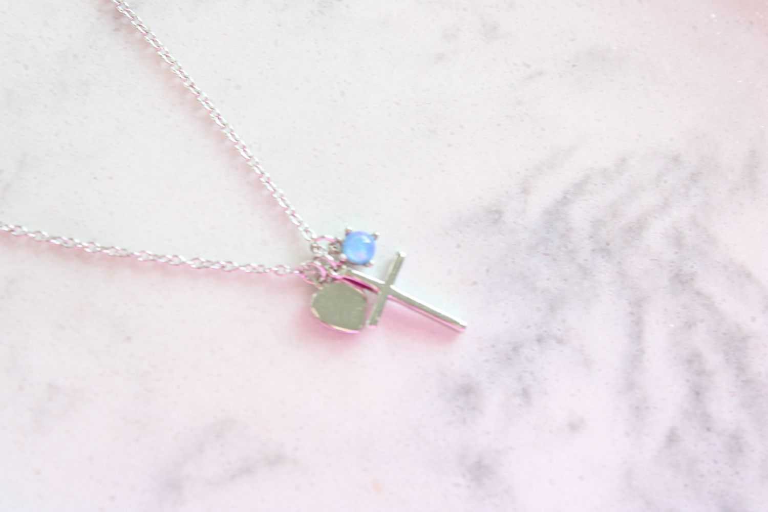 Sterling Silver Created Blue Opal Cross and Heart Necklace