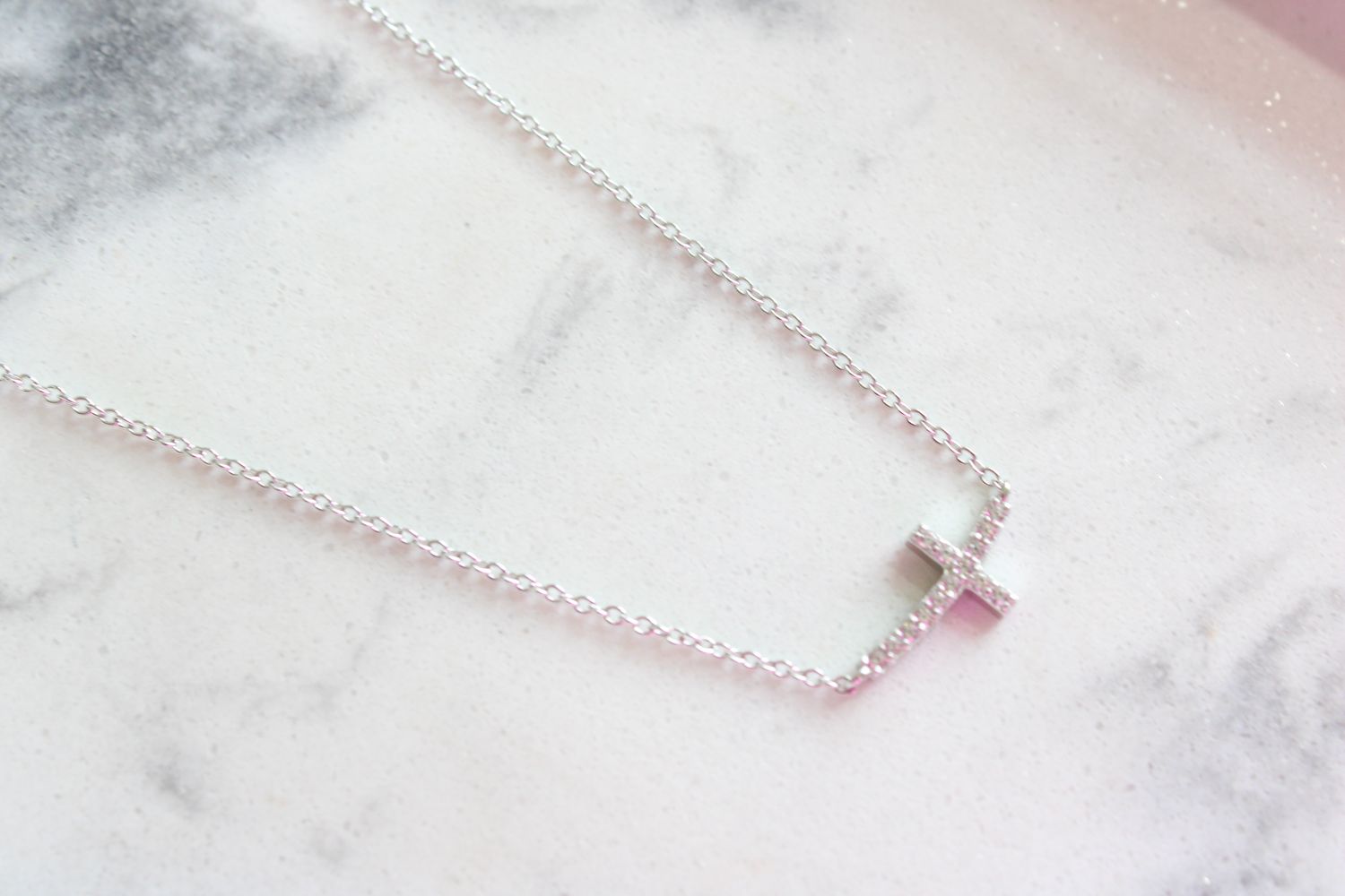 Sterling Silver Curved CZ Petite Cross Necklace