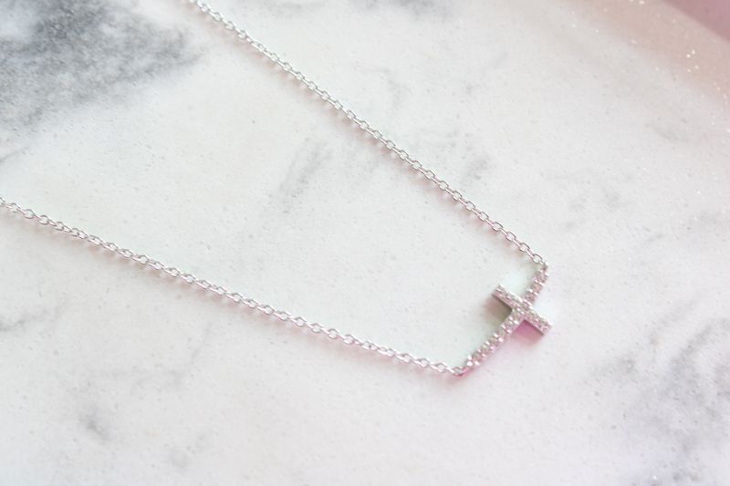 Sterling Silver Curved CZ Petite Cross Necklace