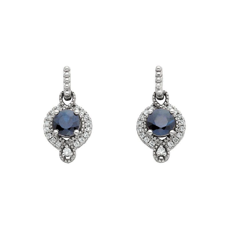 14kt White Gold Diamond Halo Sapphire Post Drop Earrings