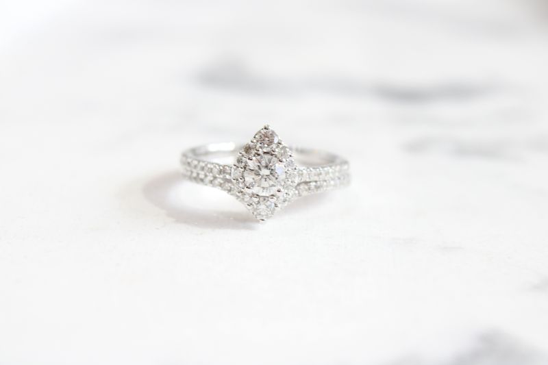 14kt White Gold .93ct, .40ct Center, Round Diamond With Marquise Halo and Pointed Band Set