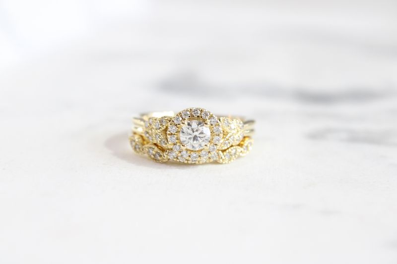 14kt Yellow Gold .70ct, .40ct Center Diamond Halo with Geometric Migraine Wedding Set