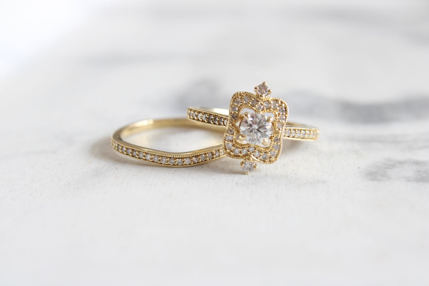 14kt Yellow Gold .78ct, .40ct Center Round, Vintage Rectangular Halo Wedding Set