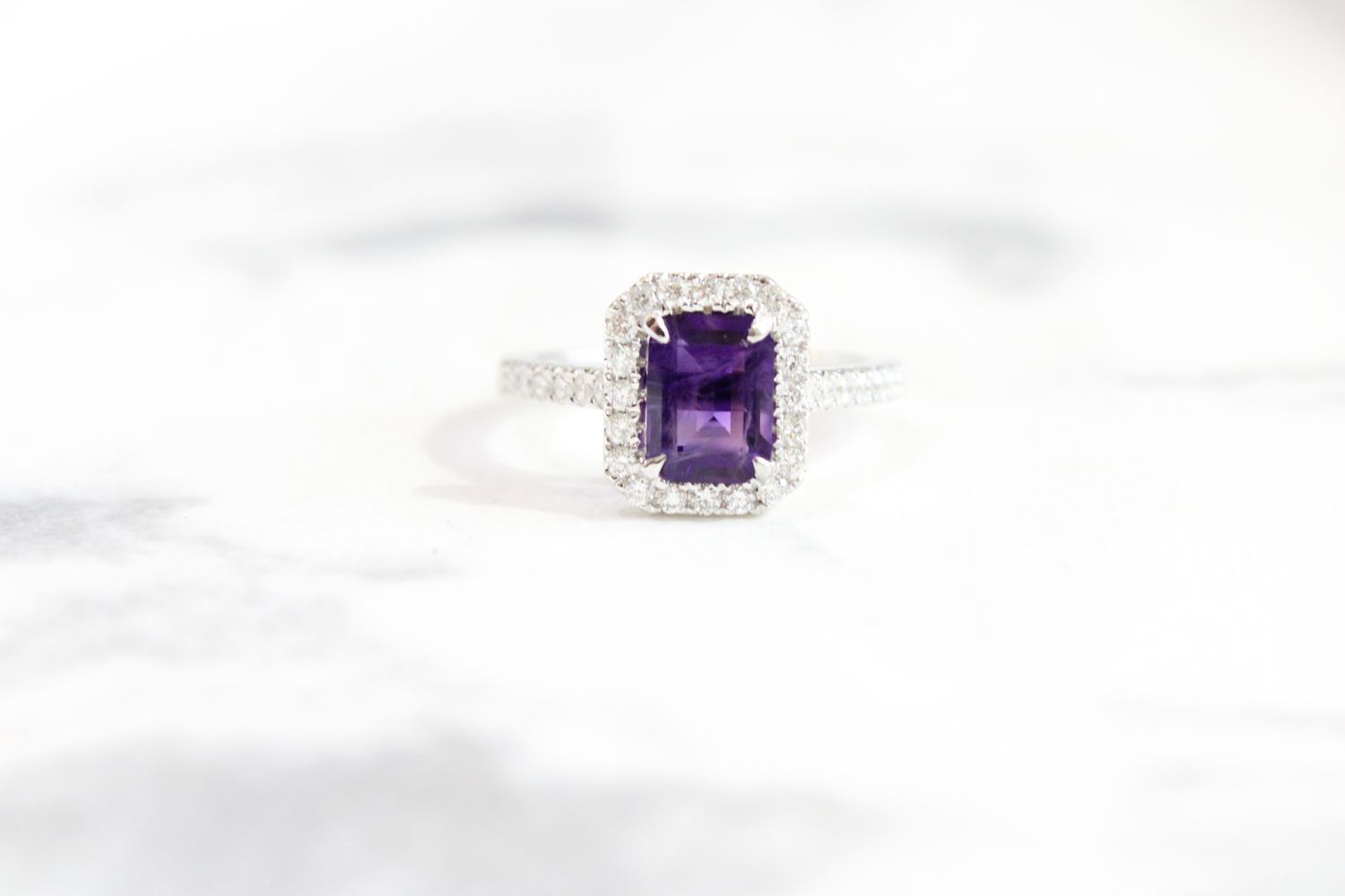 14kt White Gold  Emerald Cut Amethyst Halo Diamond Ring Mounting, .49cts