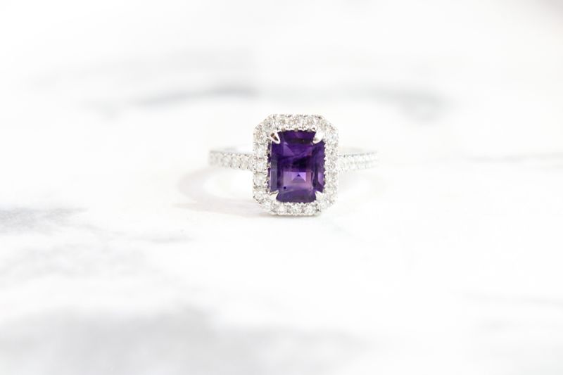 14kt White Gold  Emerald Cut Amethyst Halo Diamond Ring Mounting, .49cts