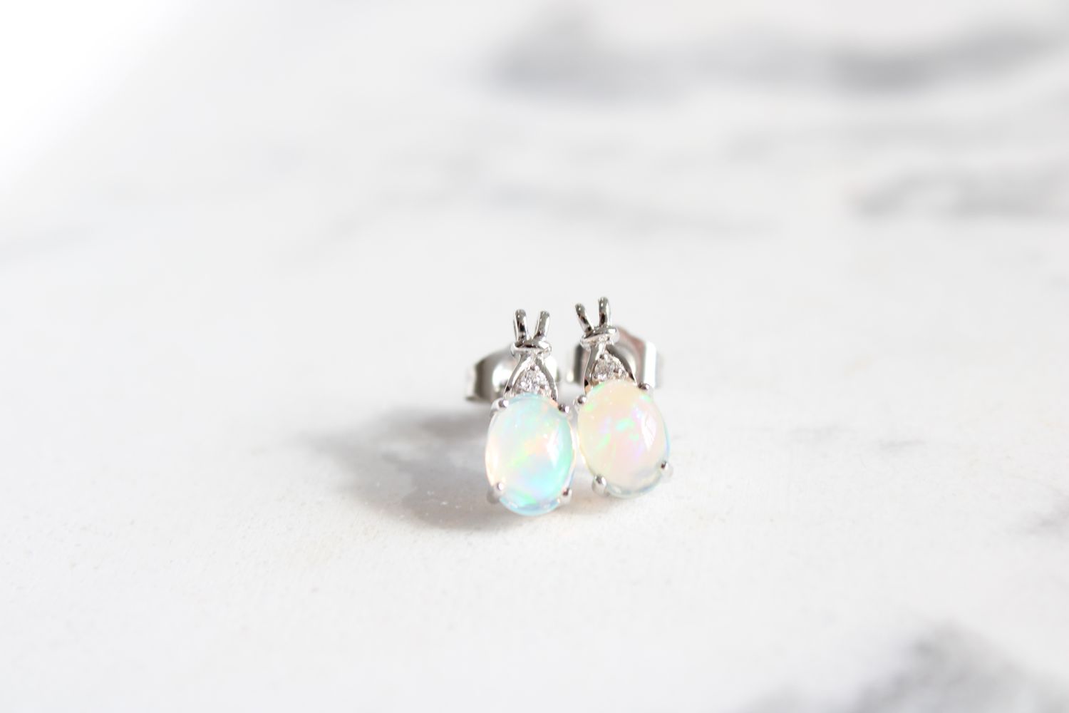 10kt White Gold Oval Opal and Diamond Stud Earrings
