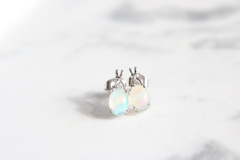 10kt White Gold Oval Opal and Diamond Stud Earrings