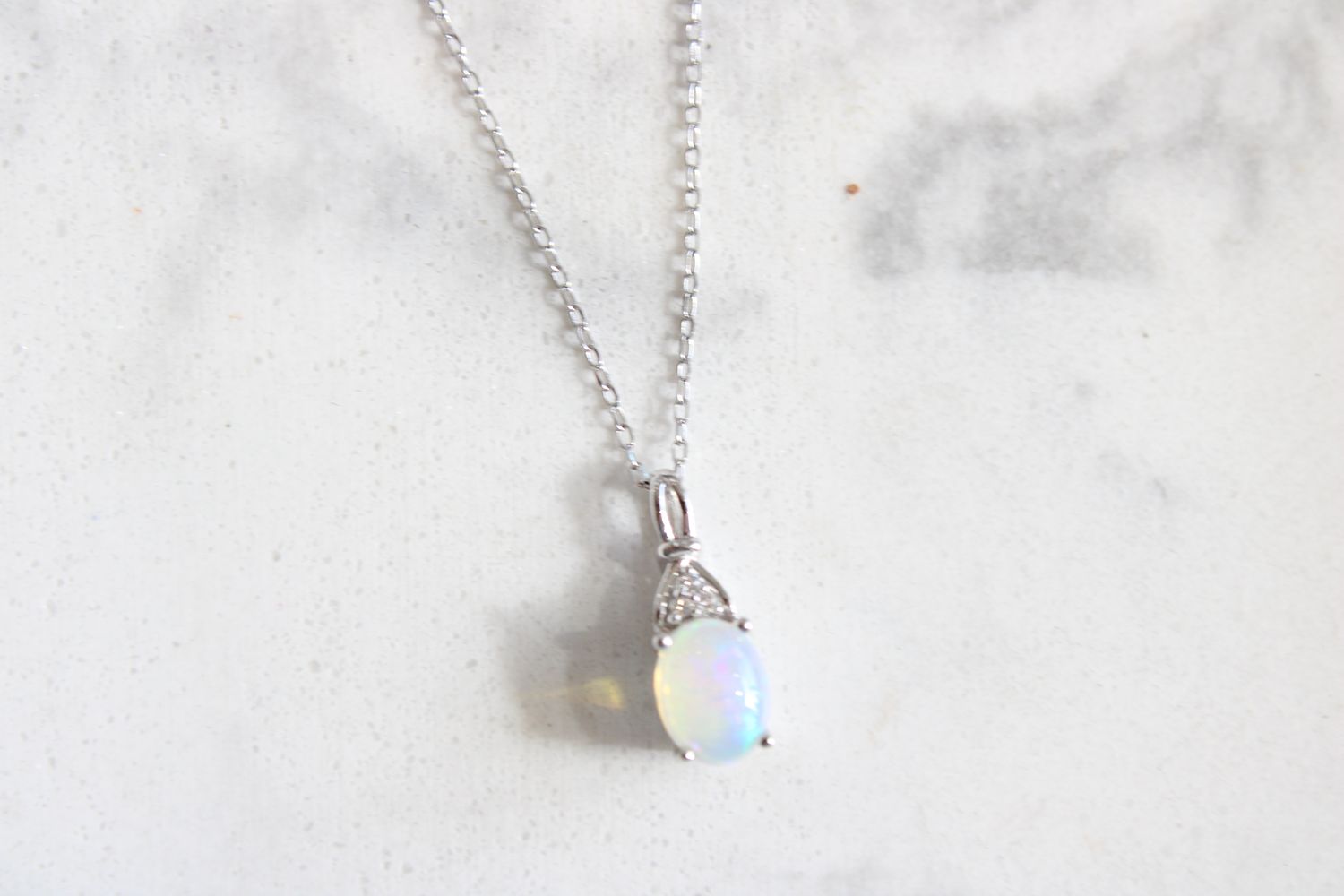 10kt White Gold Oval Opal and Diamond Accent Necklace