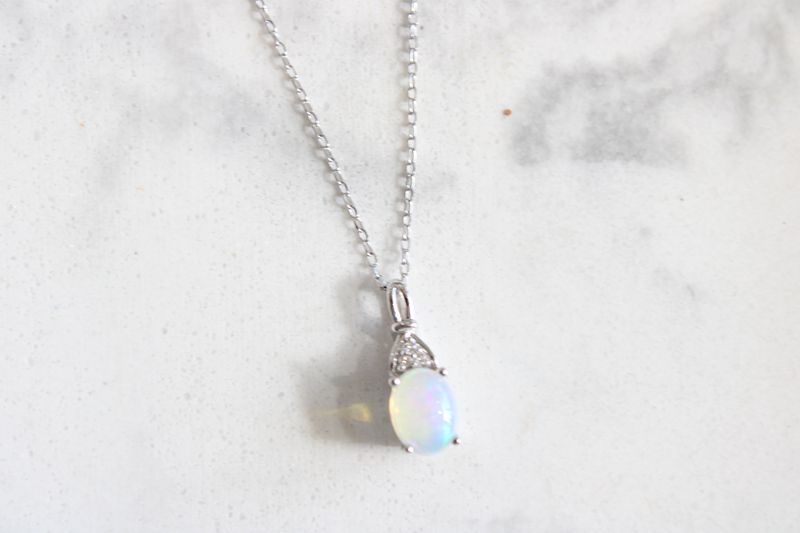 10kt White Gold Oval Opal and Diamond Accent Necklace