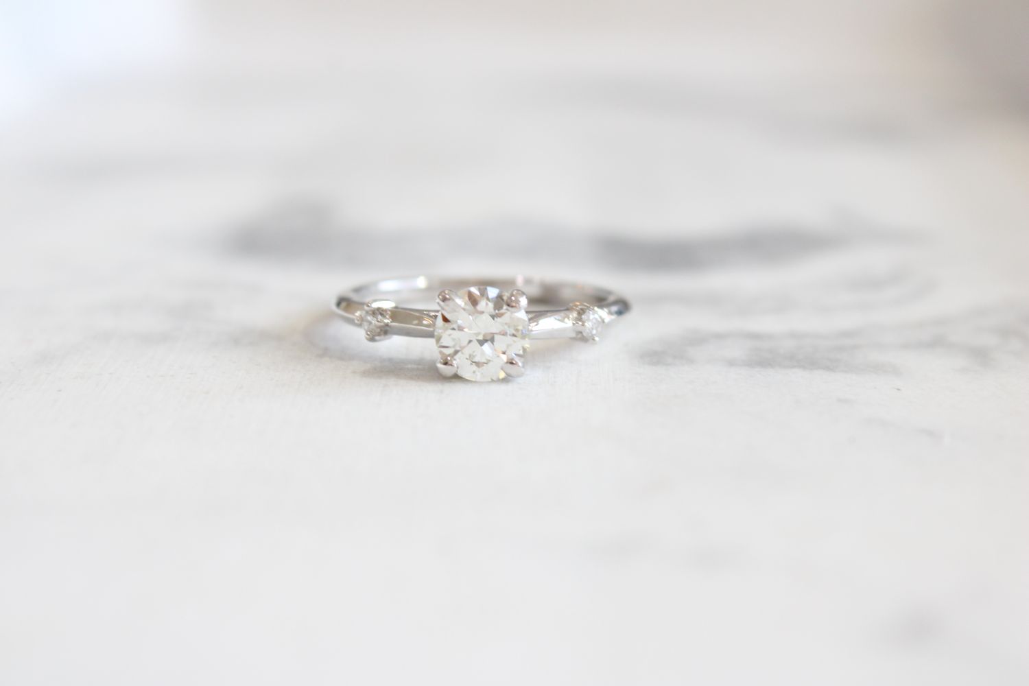 14kw Round .77ct Diamond with Accent Diamonds on Shank Ring, 2 at .05ct Total 