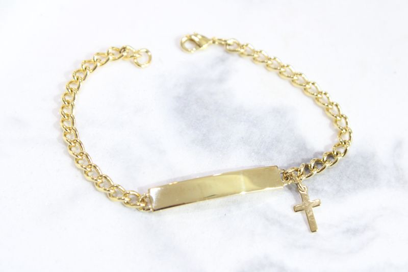 Yellow Tone Stainless Speidel ID Bracelet with Dangle Cross, Engravable 