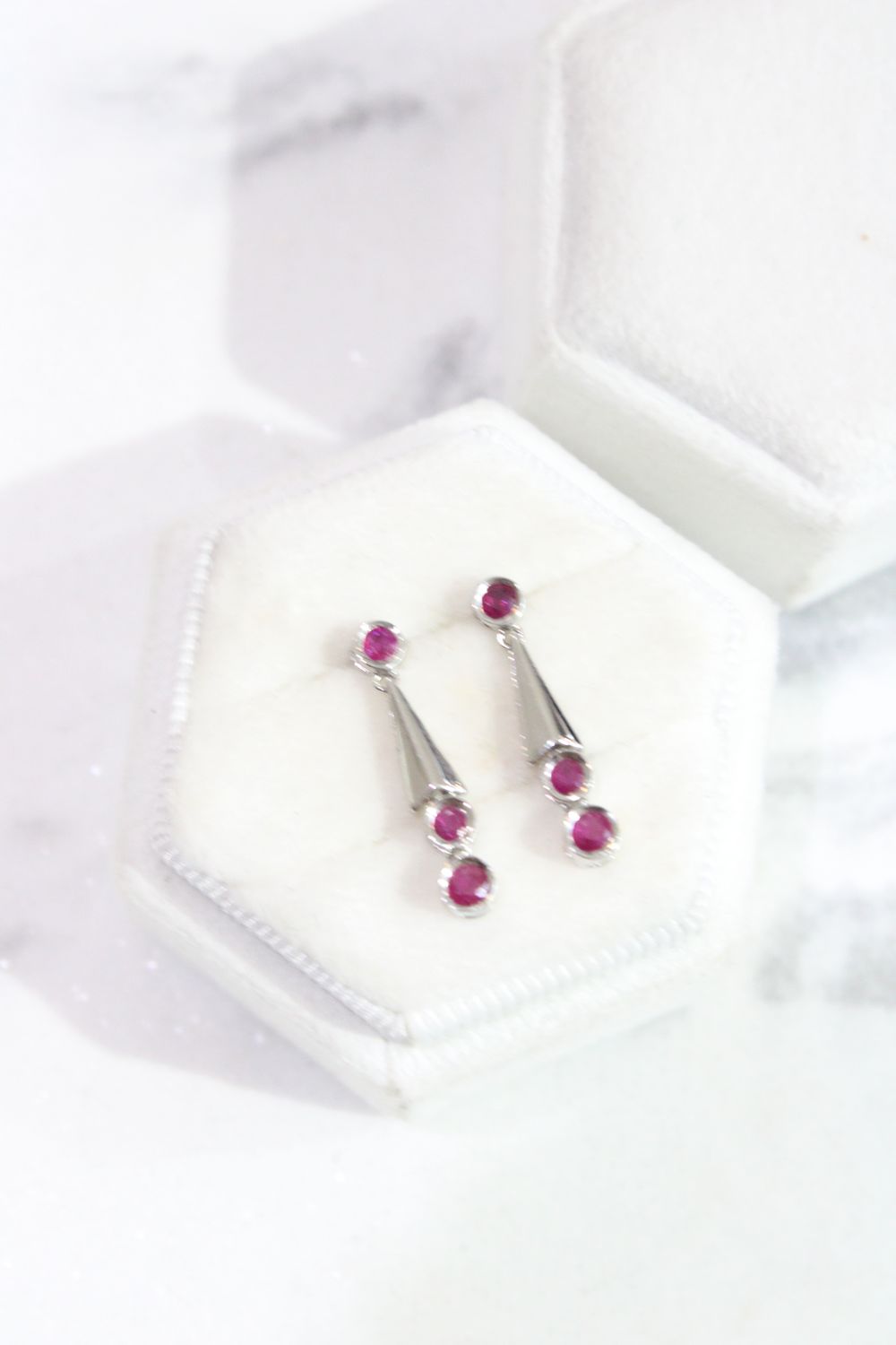 14kt White Gold Bezel Set Ruby Drop Earrings