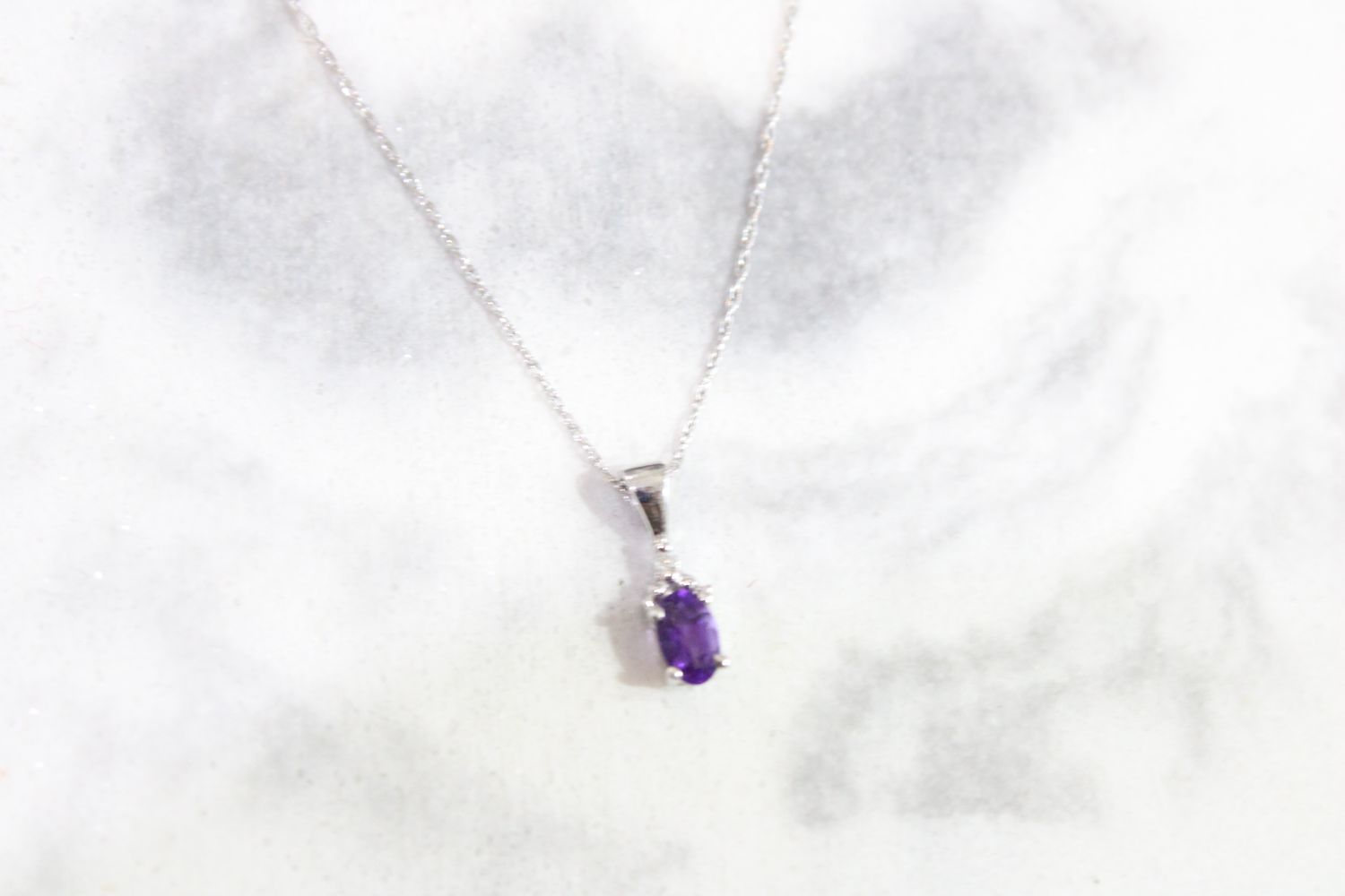 10kt White Gold Petite Oval Amethyst and Diamond Pendant 