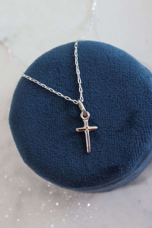 Sterling Silver Rhodium-plated Polished Cross 14 inch Necklace with Pink Gift Pouch