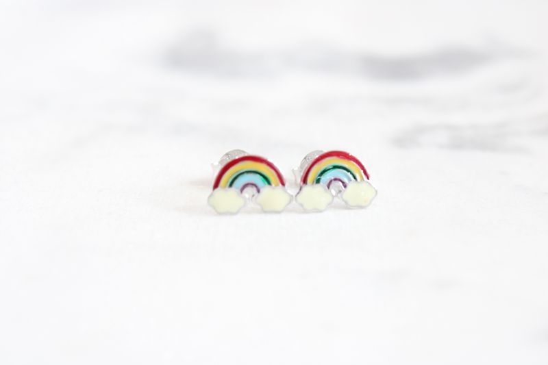 Sterling Silver Rhodium-plated Polished and Multi-color Enameled Rainbow Children's Post Earrings Sterling Silver Rhodium-plated Polished and Multi-color Enameled Rainbow Children's Post Earrings