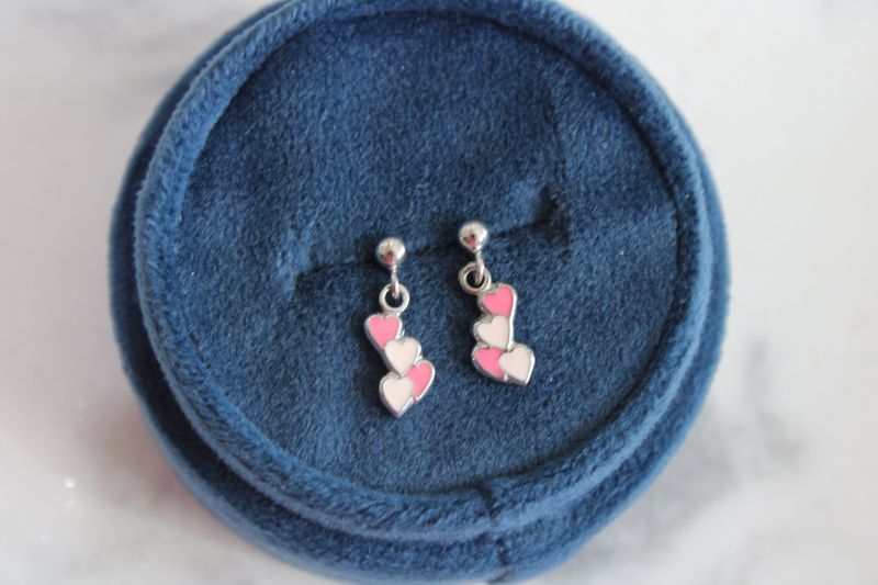 Sterling Silver Rhodium-plated Pink Enameled Hearts Children's Post Dangle Earrings Sterling Silver Rhodium-plated Pink Enameled Hearts Children's Post Dangle Earrings