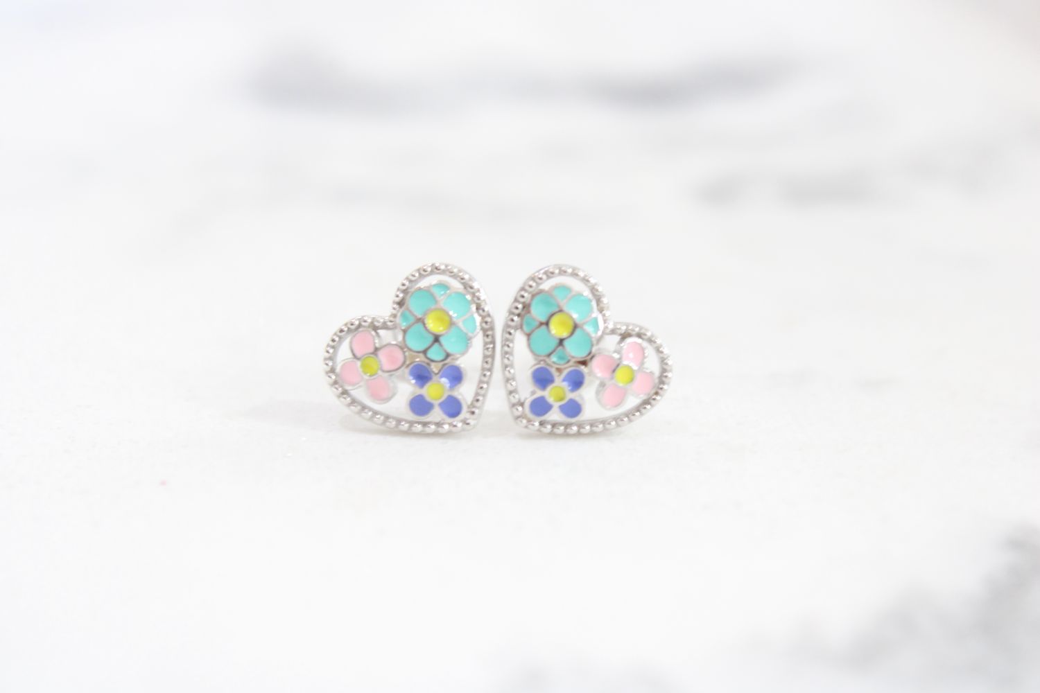 Sterling Silver Rhodium-plated Polished and Beaded Multi-color Enameled Floral Heart Children's Post Earrings Sterling Silver Rhodium-plated Polished and Beaded Multi-color Enameled Floral Heart Children's Post Earrings