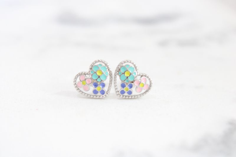 Sterling Silver Rhodium-plated Polished and Beaded Multi-color Enameled Floral Heart Children's Post Earrings Sterling Silver Rhodium-plated Polished and Beaded Multi-color Enameled Floral Heart Children's Post Earrings