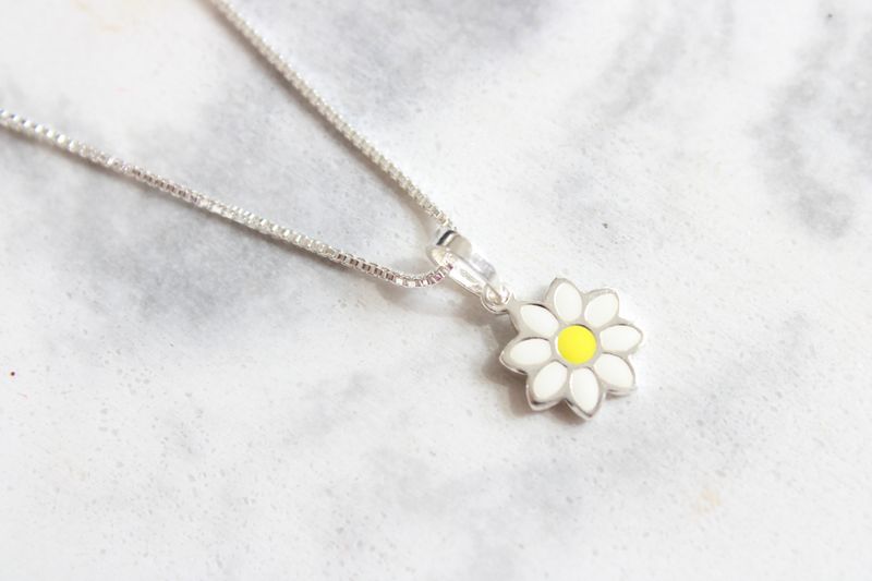 Sterling Silver Polished Yellow and White Enamel Flower Children&#39;s Necklace