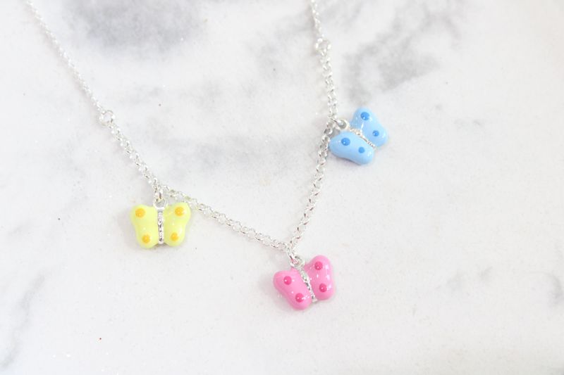 Sterling Silver Polished Yellow, Pink and Blue Enameled Three Butterfly Children's Necklace Sterling Silver Polished Yellow, Pink and Blue Enameled Three Butterfly Children's Necklace
