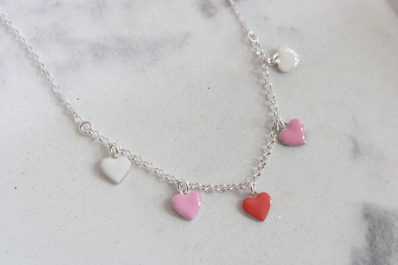 Sterling Silver Polished Pink/Red/White Enamel Heart Children&#39;s Necklace