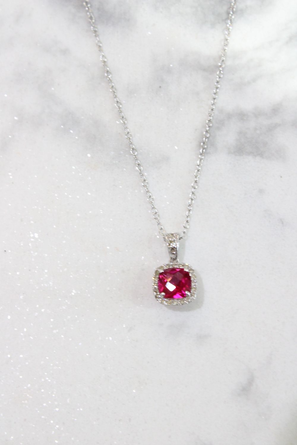 14k White Gold Rubellite Tourmaline .13ct Diamond Halo Pendant
