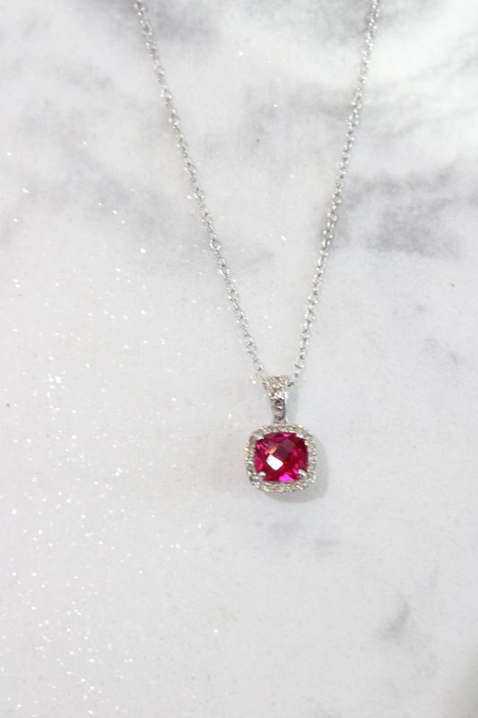 14k White Gold Rubellite Tourmaline .13ct Diamond Halo Pendant