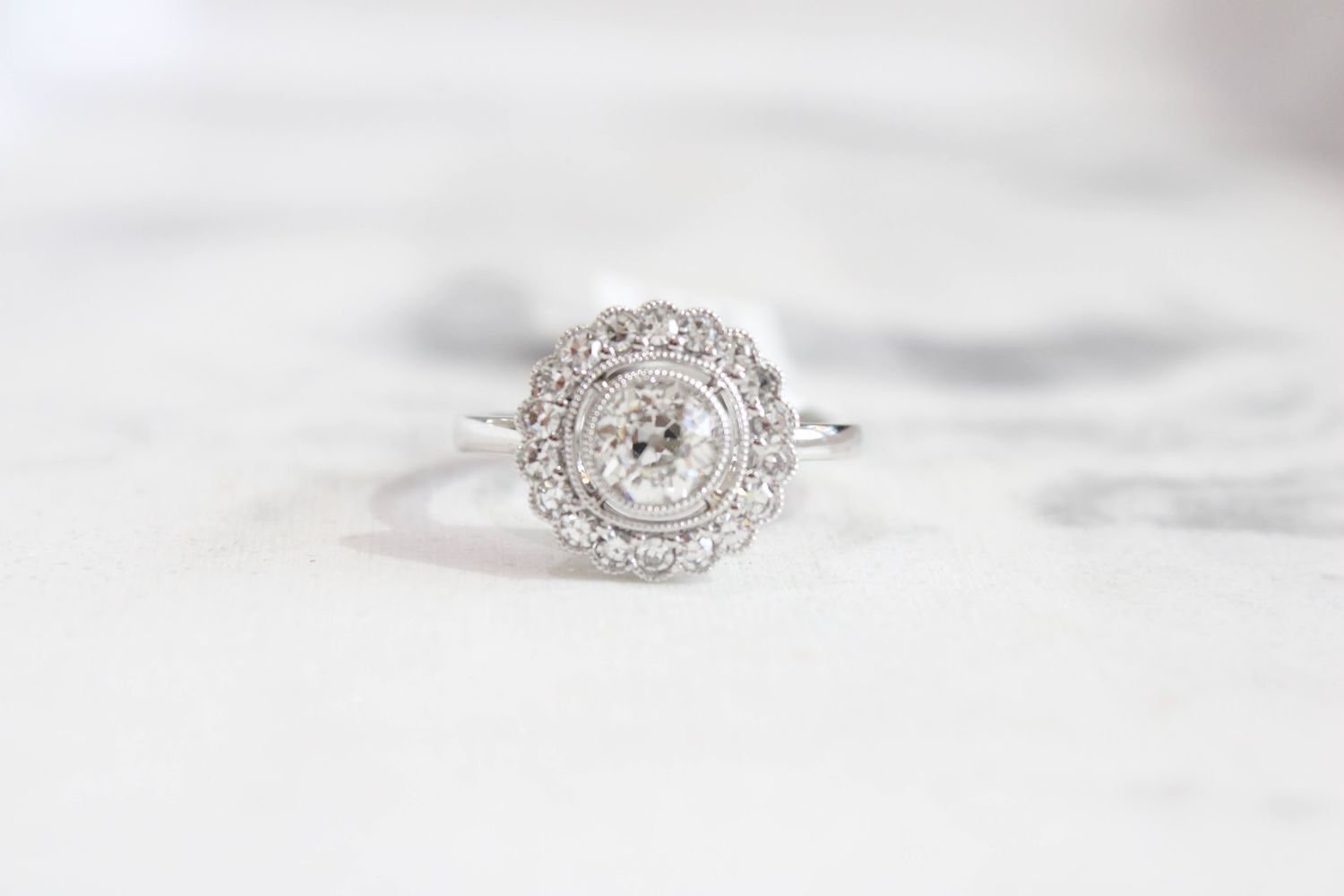 Platinum 1.19ct Vintage Diamond Halo with Migrain Diamond Ring, 1 @ .81ct, I, SI1, GIA Cert
