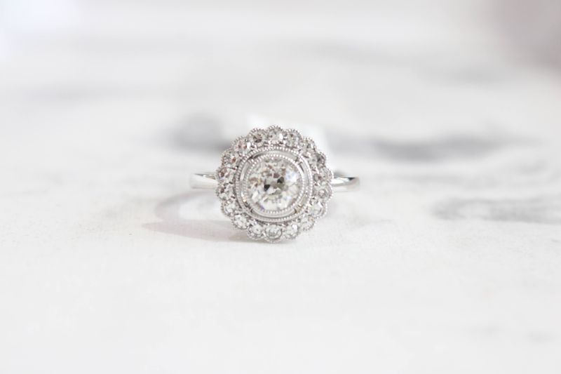 Platinum 1.19ct Vintage Diamond Halo with Migrain Diamond Ring, 1 @ .81ct, I, SI1, GIA Cert