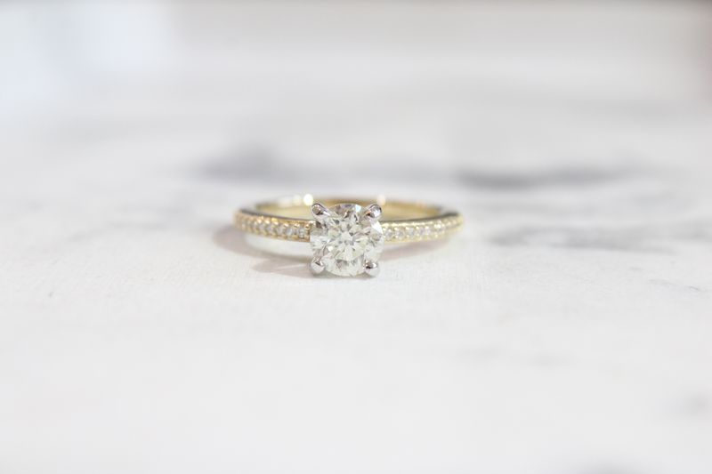 14kt Yellow Gold with White Gold Head .79ct Diamond Accented Shank Engagement Ring, 1 @ .69ct, 26 @ .10ct