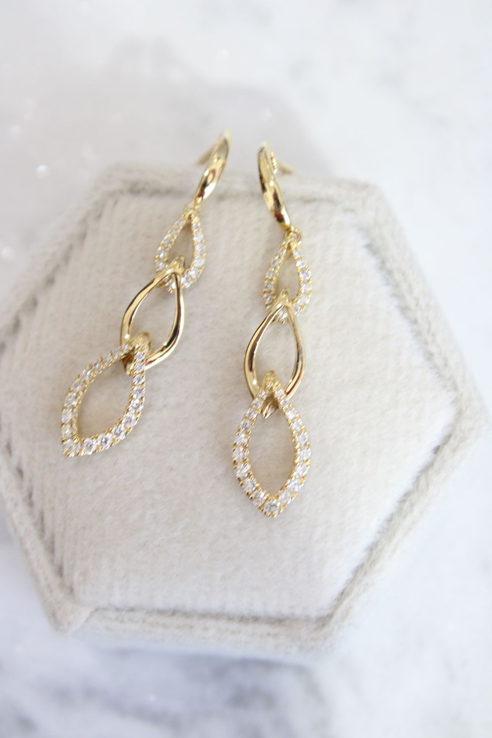 18kt Yellow Gold Three Link High Polished and Diamond Chain Earrings, 64 Round Diamonds at .33ct