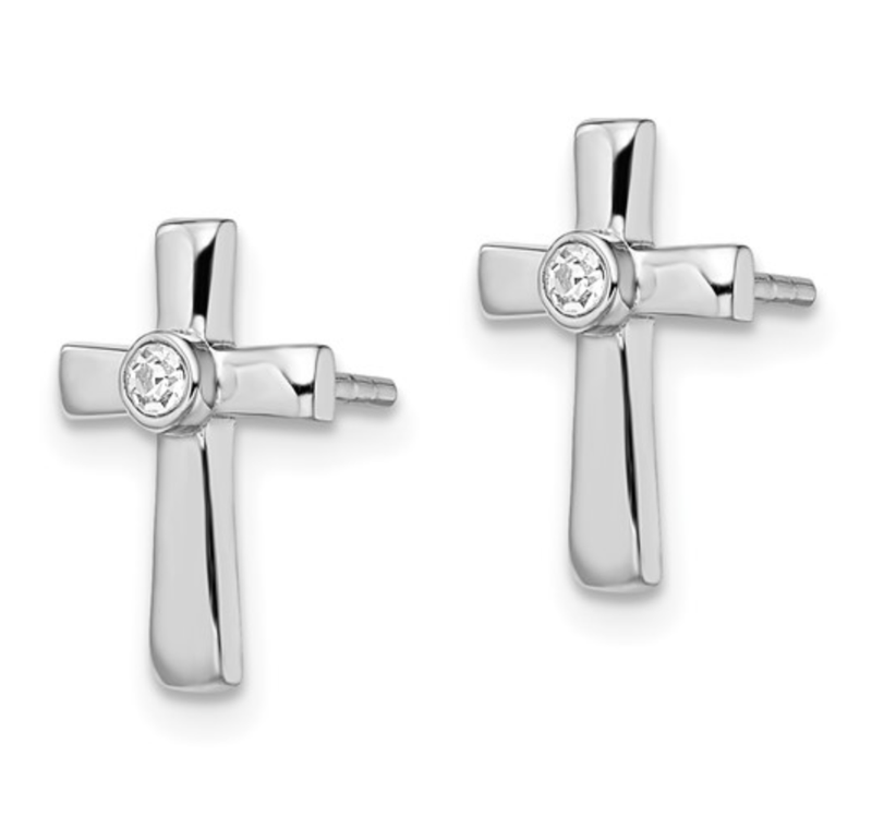 Sterling Silver Rhodium-plated Polished CZ Cross Post Earrings