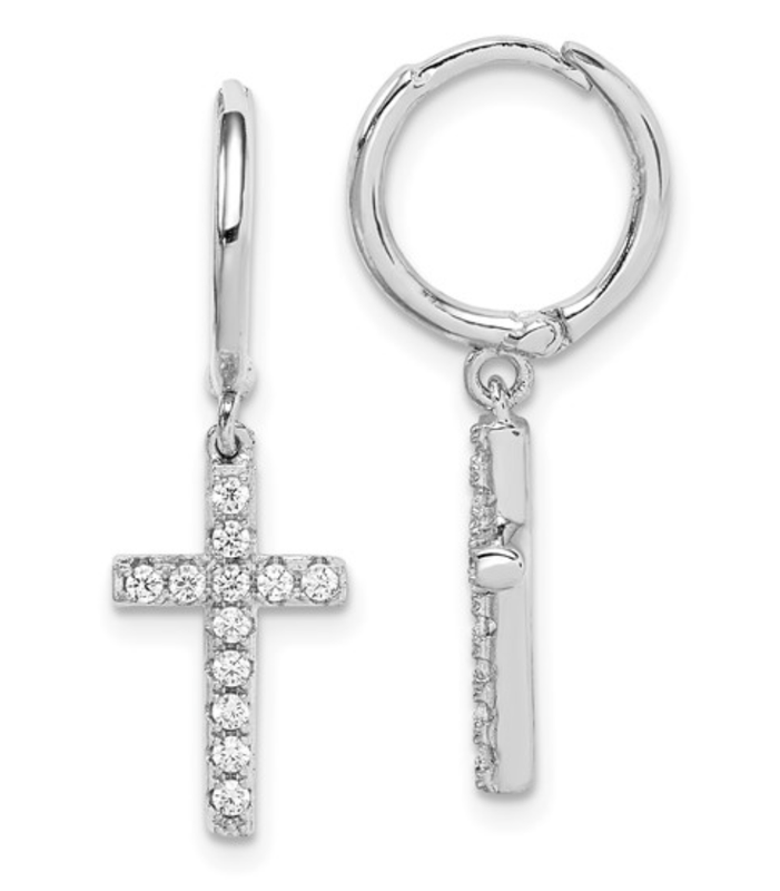 Sterling Silver Rhodium-plated CZ Cross Dangle Round Hoop Earrings