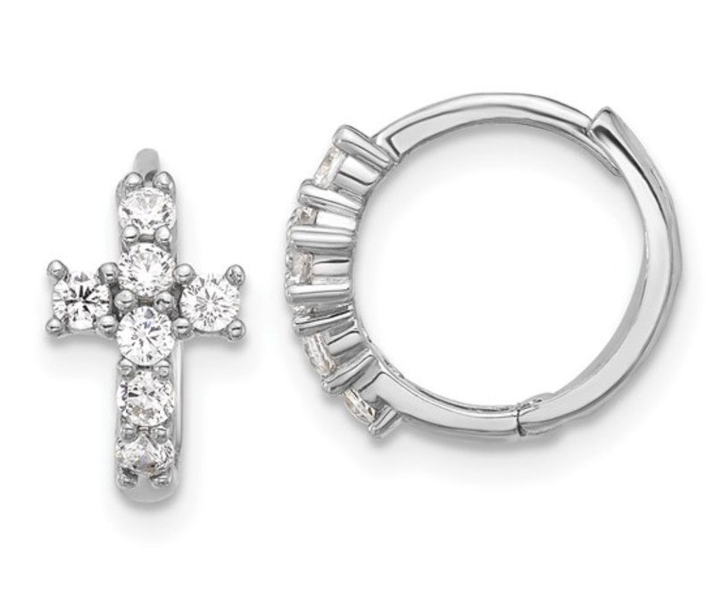 Sterling Silver RH-plated Polished CZ Cross Hinged Round Hoop Earrings