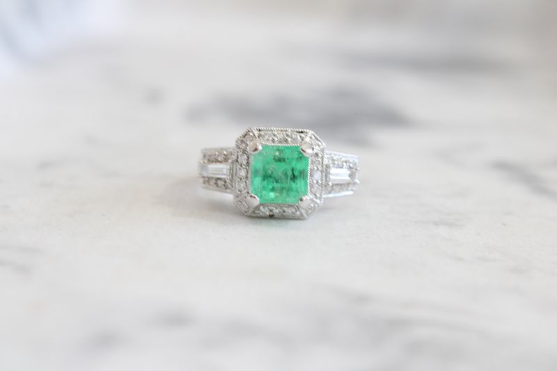 14kt White Gold 1.87ct Gem Weight Vintage Diamond Halo with Emerald Center and Tapered Baguette Side Ring