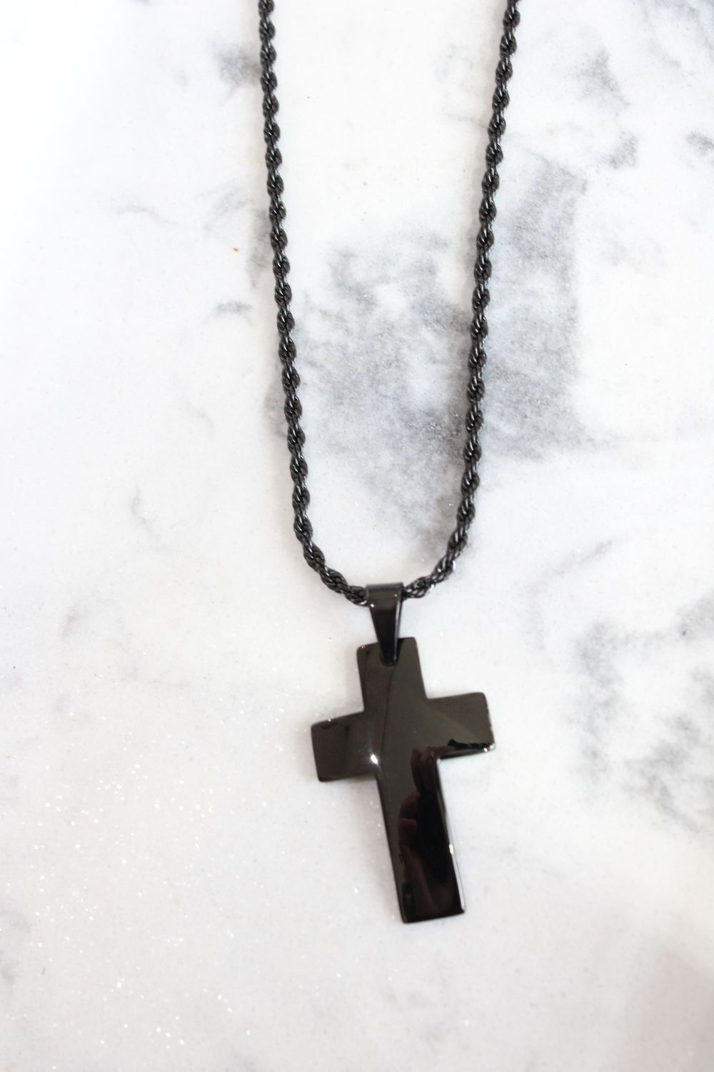 Chisel Stainless Steel Brushed Black IP-plated Cross Pendant on a 20 inch Rope Chain Necklace