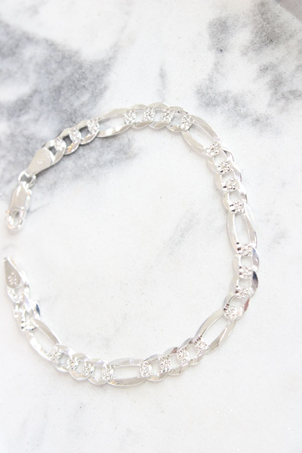 Sterling Silver bracelet 6.1mm Flat  Pave Figaro Chain 