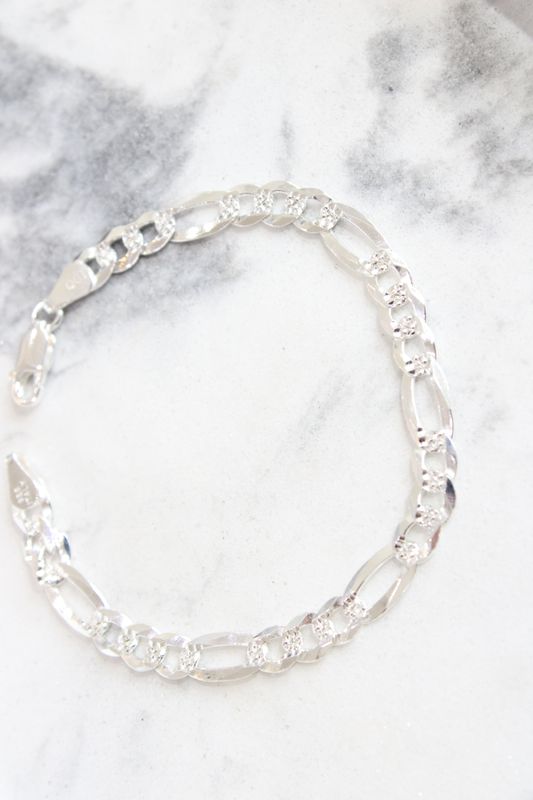 Sterling Silver bracelet 6.1mm Flat  Pave Figaro Chain 