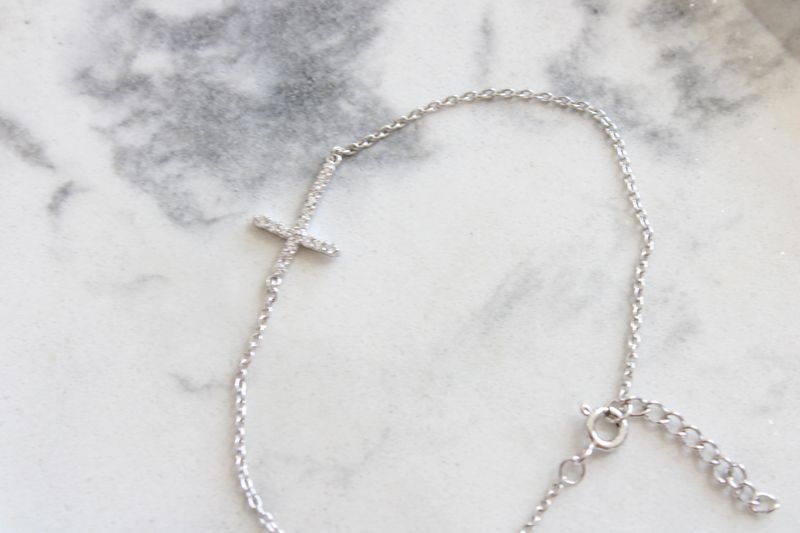 Rhodium Plated CZ Sideways Cross Bracelet 7&quot;