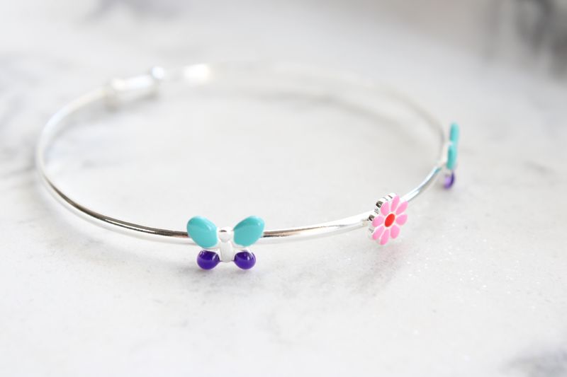Sterling Silver Enameled Flower and Butterfly Adjustable Children's Bangle Sterling Silver Enameled Flower and Butterfly Adjustable Children's Bangle