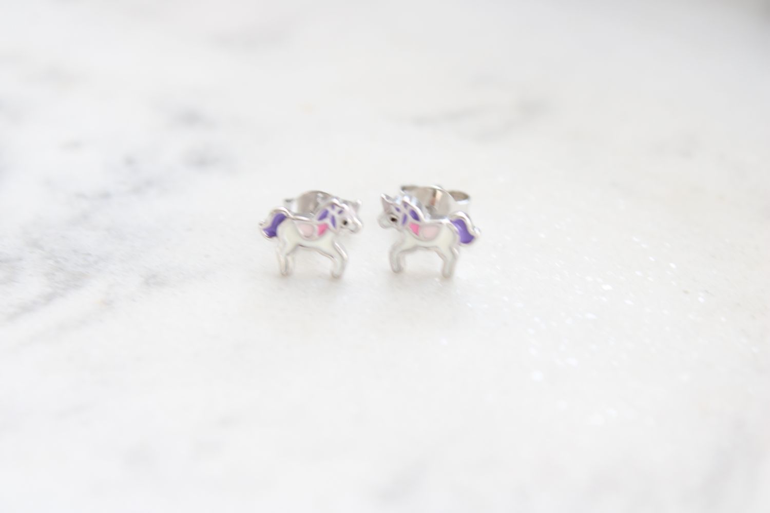 Sterling Silver Rhodium-plated Polished Multi-color Enameled Unicorn Children&#39;s Post Earrings