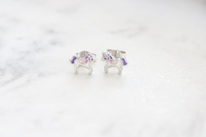 Sterling Silver Rhodium-plated Polished Multi-color Enameled Unicorn Children&#39;s Post Earrings